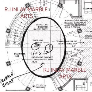 K&ouml;nnte beinhalten: Architekturplan mit Text "RJ Inlay Marble Arts" und Ma&szlig;en. Der Plan zeigt ein kreisf&ouml;rmiges Design mit Treppen, Abmessungen von 4,55m x 3,35m und Notizen zu einem Balkon und einem verdeckten Stahltr&auml;ger.