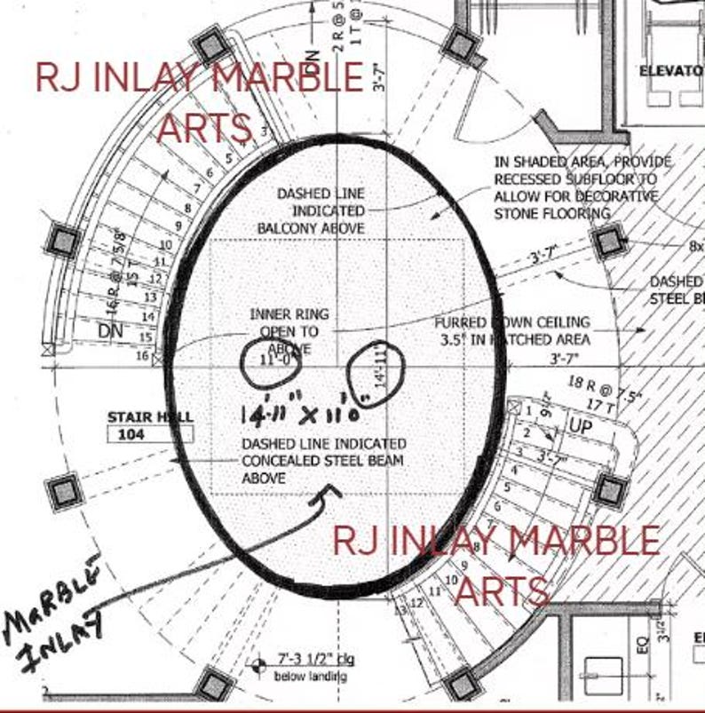 K&ouml;nnte beinhalten: Architekturplan mit Text "RJ Inlay Marble Arts" und Ma&szlig;en. Der Plan zeigt ein kreisf&ouml;rmiges Design mit Treppen, Abmessungen von 4,55m x 3,35m und Notizen zu einem Balkon und einem verdeckten Stahltr&auml;ger.