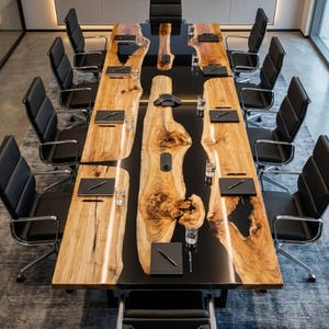 Op de afbeelding: Een grote vergadertafel met een live edge houten ontwerp en zwarte epoxyhars. De tafel is omgeven door zwarte leren stoelen. Elke plaatsing omvat een notitieblok, pen en glas water. De kamer heeft een moderne, professionele uitstraling.