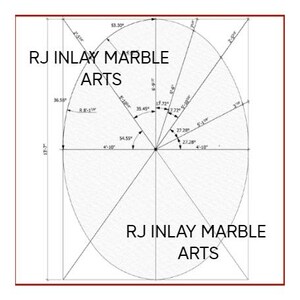 K&ouml;nnte beinhalten: Eine detaillierte architektonische Zeichnung mit Ma&szlig;en und Winkeln, die eine ovale Form zeigt, die in Segmente unterteilt ist. Der Text "RJ INLAY MARBLE ARTS" wird angezeigt. Die Abmessungen sind in Fu&szlig; und Zoll angegeben.