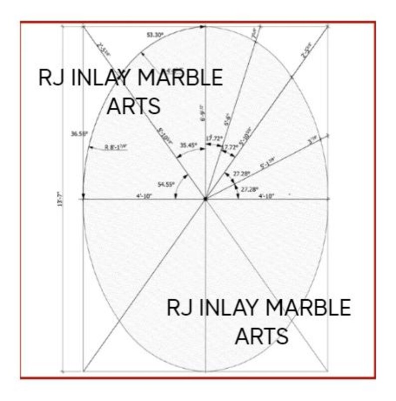 K&ouml;nnte beinhalten: Eine detaillierte architektonische Zeichnung mit Ma&szlig;en und Winkeln, die eine ovale Form zeigt, die in Segmente unterteilt ist. Der Text "RJ INLAY MARBLE ARTS" wird angezeigt. Die Abmessungen sind in Fu&szlig; und Zoll angegeben.