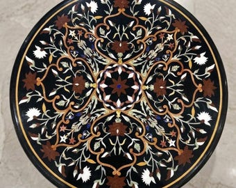 Handgefertigte schwarze Marmor Inlay Esstisch Top, Pietra Dura Runde Couchtisch, Luxus Halbedelstein Intarsien Mitteltisch, Eingangsbereich Dekor