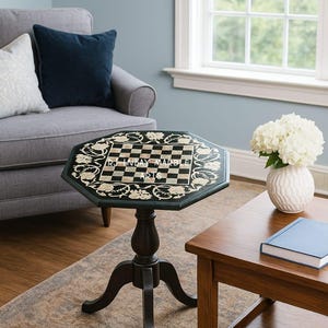May include: An octagonal black chess table with a decorative floral border and a chess board design. The table has a dark wooden pedestal base. The text "RJ Inlay Marble Arts" is visible on the table.
