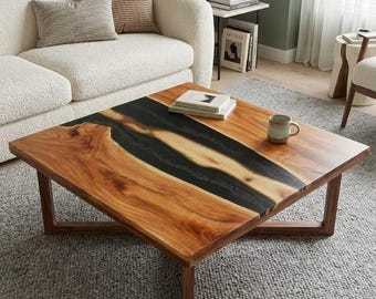 Square Live Edge Walnut Coffee Table with Black Resin River - Modern Organic Wood & Epoxy Center Table for Living Room