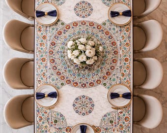 Luxury Rectangular White Marble Dining Table Top, Intricate Pietra Dura 8 Seater Kitchen Table, Semi Precious Stone Inlay Conference Table
