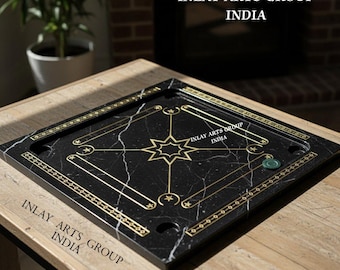 Black Marble Carrom Board | Pietra Dura Stone Inlay, Artisan Game