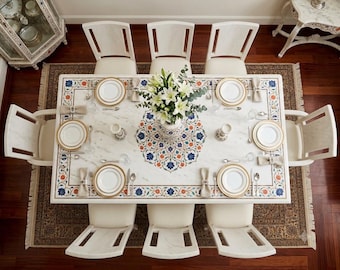 Luxury Rectangular White Marble Dining Table Top, Lapis Lazuli Pietra Dura 8 Seater Kitchen Table, Semi Precious Stone Inlay Conference Tab