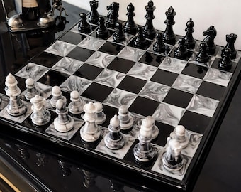 Luxury Black and White Chess Set with Pieces, Modern Marbled Effect Chess Board, Unique Board Games for Adults, Office Desk Decor