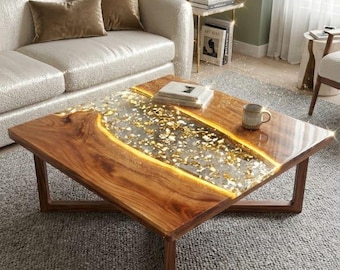 Luxury Gold Leaf & Resin Coffee Table - LED Illuminated Live Edge Wood River Table - Glam Square Center Table