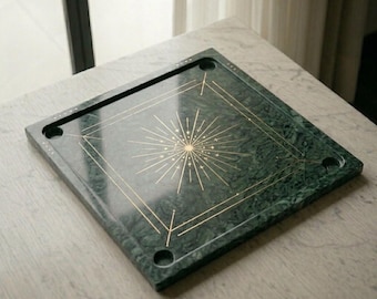 Luxury Green Marble Carrom Board with Yellow Inlay, Handmade Heavy Stone Carrom Game Set, Unique Premium Tabletop Indoor Family Board Game