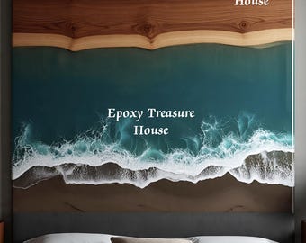 Quadro da parete in resina con onde oceaniche aeree - Legno con bordo naturale e paesaggio marino in resina epossidica blu - Decorazione murale 3D con scena di spiaggia su lastra di legno