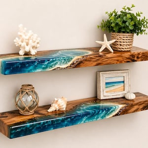 Set Of 2 Tropical Ocean Wave Floating Shelves - Turquoise Resin & Wood Epoxy Shelf - Coastal Wall Decor - Handmade Unique Housewarming Gift