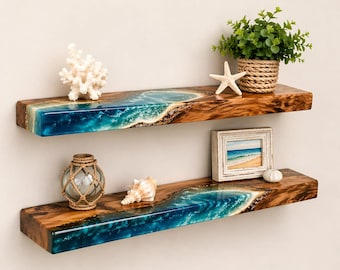 Set di 2 mensole galleggianti a forma di onda tropicale - Mensole in resina turchese e legno epossidico - Decorazione murale in stile costiero - Regalo unico fatto a mano per l'inaugurazione della casa