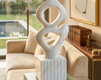 Luxury White Marble Abstract Sculpture with Pedestal Stand, Modern Fine Art Figurine, Geometric Gold Inlay Stone Pillar Plinth, Luxury Gift