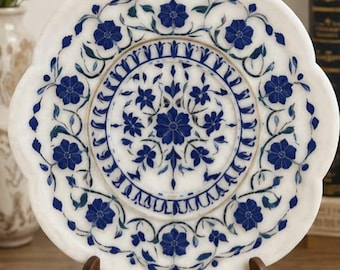 12'' Handmade Lapis Lazuli Inlay Tabletop with wood stand | Blue Floral Pietra Dura Art l with wood stand