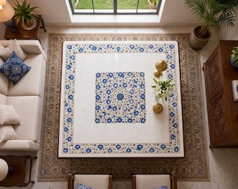 Royal Square White Marble Coffee Table Top, Lapis Lazuli Floral Pietra Dura Center Table, Hand Inlaid Semi Precious Stone Large Living Room