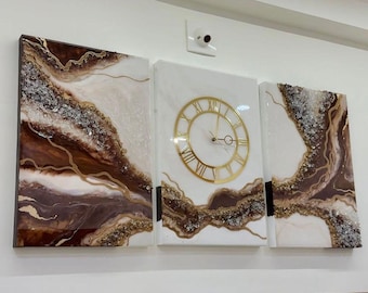 Luxury 3 Piece Geode Wall Clock Set, Large Epoxy Resin Triptych Wall Art, Modern Gold Crystal Agate Painting, Oversized Moving Home Gift