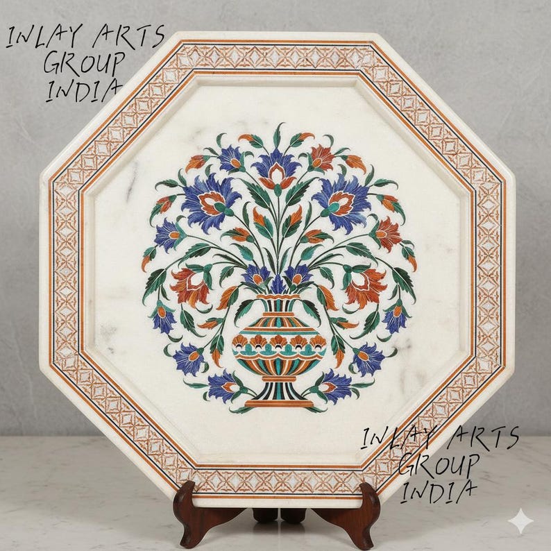 Oktagon Marmor Tischplatte • Malachit Blumen Inlay, Mughal Kunst Bild 5