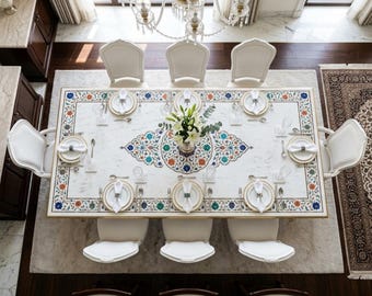 Luxury Rectangular White Marble Dining Table Top, Intricate Pietra Dura 8 Seater Kitchen Table, Semi Precious Stone Inlay Conference Table