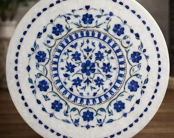 12'' Handmade Lapis Lazuli Inlay Tabletop with wood stand | Blue Floral Pietra Dura Art l with wood stand