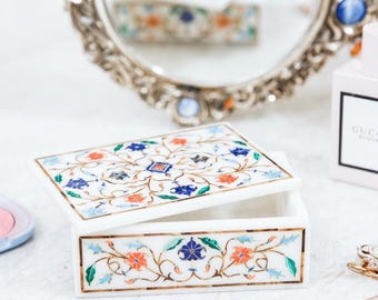 Luxury White Marble Jewelry Box, Handmade Pietra Dura Inlay Keepsake Box, Unique Trinket Organizer, Premium Gift for Her, Dressing Decor