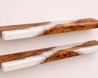 Juego de 2 estantes flotantes de pared de lujo con resina epoxi, estante de madera y resina blanca, estantes modernos de pared, estante estilo río, decoración del hogar hecha a mano