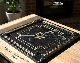 Black Marble Inlay Carrom Board | Handmade Stone Game Board | Luxury Carrom Set with Premium hand-carved marble Carrom Coin Storage Box