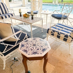 White Marble Inlay Side Table – Octagonal Blue Floral Accent Table – Handmade Semi Precious Stone Pietra Dura Coffee Table–Luxury Home Decor