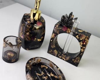 Handmade Gothic Black Resin Bathroom Accessories Set, Luxury Gold Foil Dried Rose Soap Dispenser, Bud Vase Vanity Tray Decor, Romantic Gift