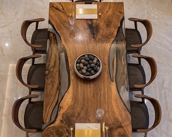 48''x34'' Walnut Wood Epoxy River Dining Table - Custom Live Edge Wood Resin Meeting Table - Luxury Large Dining Table Furniture