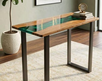 Mesa de centro industrial de resina epoxi color verde azulado con borde natural - Mesa auxiliar moderna de madera con patas en forma de U de metal negro
