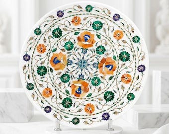Luxury White Marble Inlay Plate with Stand, Handmade Pietra Dura Floral Display Platter, Unique Semi Precious Stone Round Wall Hanging Decor