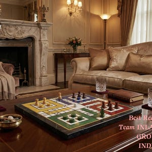 Könnte beinhalten: Ein luxuriöses Wohnzimmer mit einem Holztisch, auf dem sich ein Ludo-Brettspiel befindet. Der Raum umfasst ein Sofa, einen Sessel, einen Kamin und Kristallgläser. Der Text "Best Regards Team INLAY ARTS GROUP INDIA" ist sichtbar.