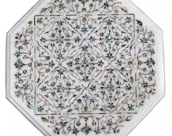 Weiße Marmor Inlay Achteck Tischplatte, Perlmutt Blumenkunst, handgefertigte Couchtischplatte, Luxus Wohnkultur Geschenk