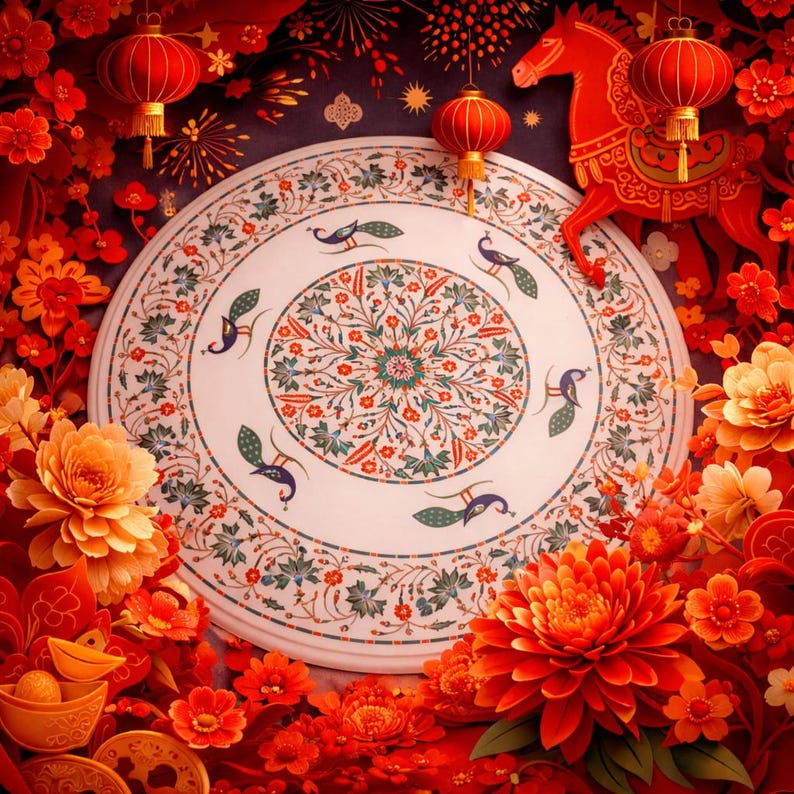 K&ouml;nnte beinhalten: Ein dekorativer, wei&szlig;er runder Tisch mit Blumen- und Pfauendesign. Der Tisch ist von roten und orangenen Blumen, Laternen und einer roten Pferdfigur umgeben, was eine festliche Atmosph&auml;re schafft. Das Design des Tisches ist detailliert.