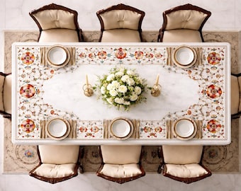 Luxury Rectangular White Marble Dining Table Top, Intricate Pietra Dura 8 Seater Kitchen Table, Semi Precious Stone Inlay Conference Table