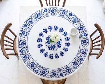Luxury Round White Marble Dining Table Top, Lapis Lazuli Stone Inlay Kitchen Table, Pietra Dura Round Coffee Table, Luxury Furniture Gift
