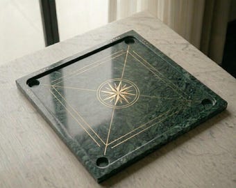 Luxury Green Marble Carrom Board with Yellow Inlay, Handmade Heavy Stone Carrom Game Set, Unique Premium Tabletop Indoor Family Board Game