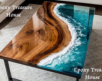 Tavolino da caffè di lusso in resina con onde oceaniche - Paesaggio marino 3D in resina epossidica blu su legno con bordo naturale - Tavolino centrale moderno con fiume tropicale