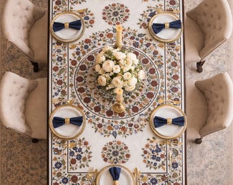 Luxury Rectangular White Marble Dining Table Top, Intricate Pietra Dura 8 Seater Kitchen Table, Semi Precious Stone Inlay Conference Table