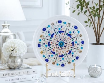 Luxury White Marble Inlay Plate with Stand, Handmade Pietra Dura Floral Display Platter, Unique Semi Precious Stone Round Wall Hanging Decor
