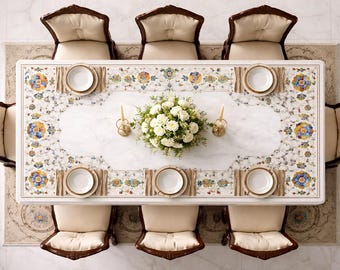 Luxury Rectangular White Marble Dining Table Top, Intricate Pietra Dura 8 Seater Kitchen Table, Semi Precious Stone Inlay Conference Table