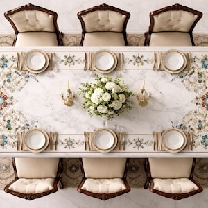 Op de afbeelding: Een rechthoekige eettafel met een wit marmeren blad voorzien van ingewikkelde bloemmotieven in blauw, goud en groen. De tafel is gedekt met zes witte borden, goudkleurig bestek, een centraal boeket witte bloemen en twee gouden kandelaars.