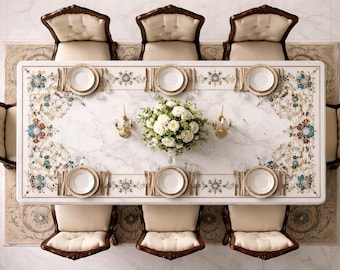 Luxury Rectangular White Marble Dining Table Top, Intricate Pietra Dura 8 Seater Kitchen Table, Semi Precious Stone Inlay Conference Table