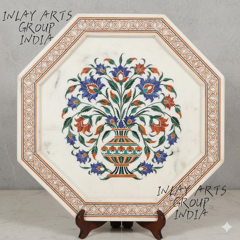 Oktagon Marmor Tischplatte • Malachit Blumen Inlay, Mughal Kunst Bild 1