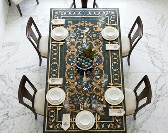 Luxus Konsolentisch aus schwarzem Marmor, Pietra Dura Wandtafel Kunst, rechteckiger Halbedelstein mit eingelegter Esstischplatte, kundenspezifischer Schreibtisch