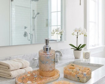 Handmade Pressed Flower Epoxy Resin Bathroom Accessories Set, Luxury Floral Soap Dispenser, Cute Toothbrush Holder and Tray, Vanity Decor