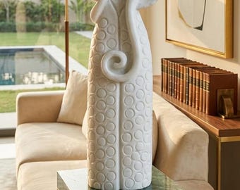 Luxury White Marble Abstract Sculpture with Pedestal Stand, Modern Fine Art Figurine, Geometric Gold Inlay Stone Pillar Plinth, Luxury Gift