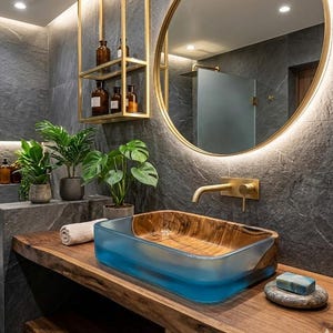 May include: A contemporary bathroom featuring a wooden vanity unit with a rectangular sink, incorporating blue resin. A gold-framed mirror and tap enhance the design. Potted plants and toiletries create a spa-like feel. The walls are clad in dark grey stone tiles.