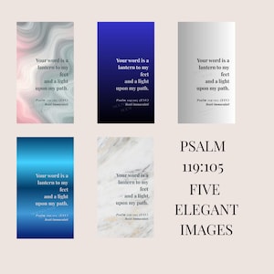May include: Five rectangular digital prints featuring the text Your word is a lantern to my feet and a light upon my path Psalm 119:105 (ESV) Beati Immaculati. The designs include a pink and gray marble, a blue gradient, a white, a blue, and a white marble.